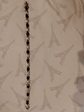 Onyx & Pave Crystals .925 Sterling Silver Tennis Bracelet Safety Clasp 7.25"L